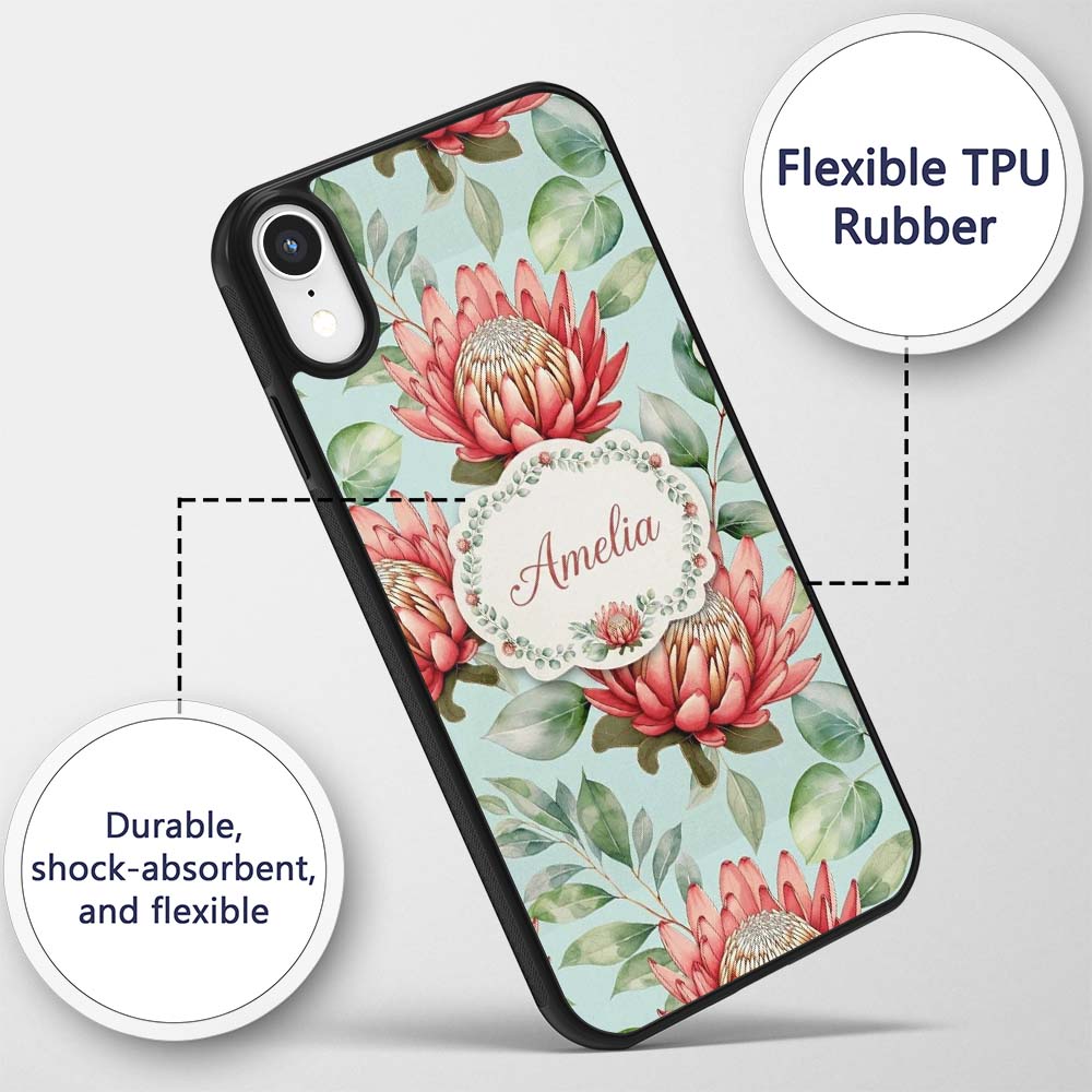 Protea Flower Botanical Illustration Seamless Custom Name Protective Phone Case Mobile Cover Durable Everyday Smartphone Shock Resistant