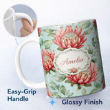 Personalized Custom Name Protea Flower Botanical Illustration Seamless Pattern Pastel 11oz Ceramic Coffee Tea Mug White Large Handle