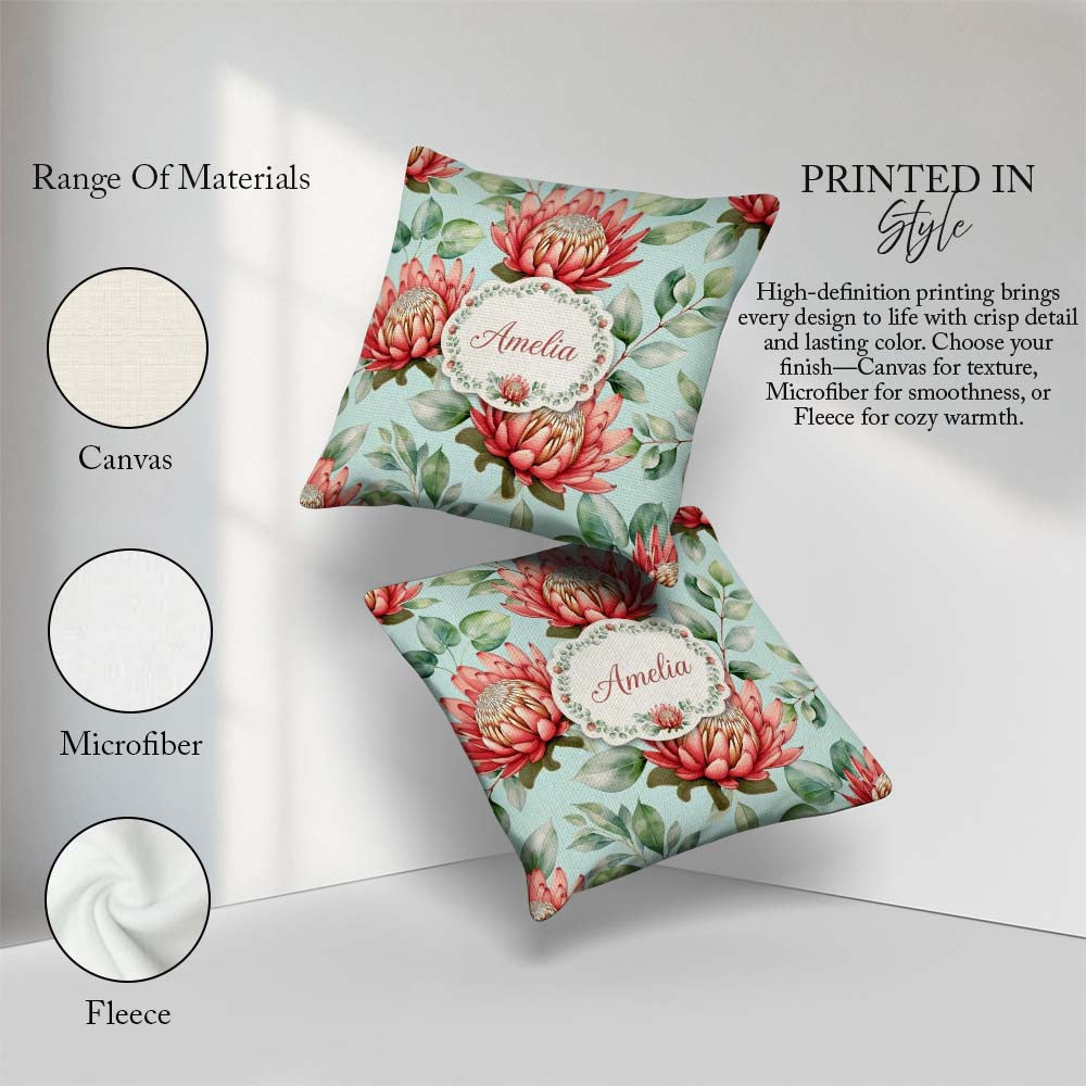 Custom Name Protea Flower Botanical Illustration Seamless Pastel Square Filled Cushion Throw Pillow Sofa Bed Home Decor Zip Washable UK Made
