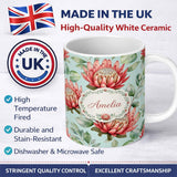 Personalized Custom Name Protea Flower Botanical Illustration Seamless Pattern Pastel 11oz Ceramic Coffee Tea Mug White Large Handle