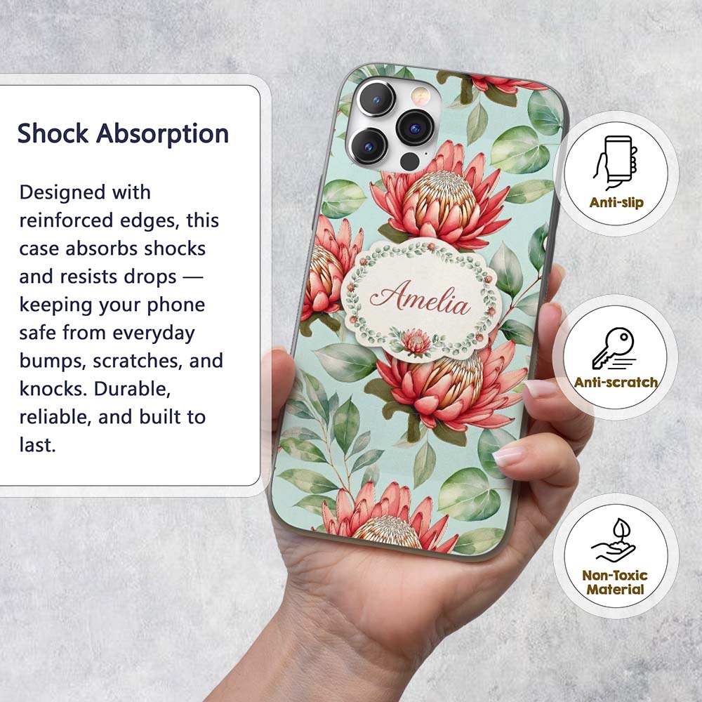 Protea Flower Botanical Illustration Seamless Custom Name Protective Phone Case Mobile Cover Durable Everyday Smartphone Shock Resistant