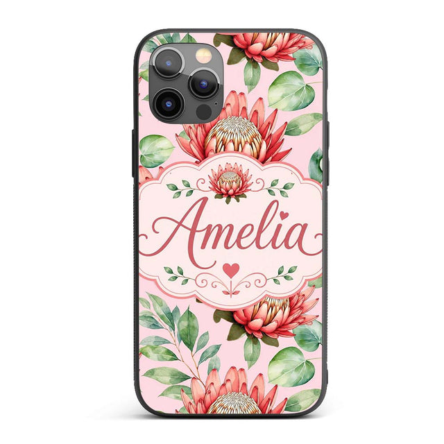 Elegant Protea Flower Pink Botanical Seamless Custom Name Protective Phone Case Mobile Cover Durable Everyday Smartphone Shock Resistant