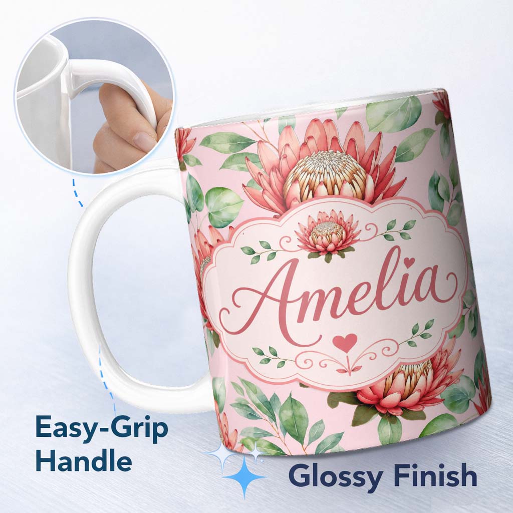 Personalized Custom Name Elegant Protea Flower Pink Botanical Seamless Pattern Art Nature 11oz Ceramic Coffee Tea Mug White Large Handle