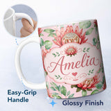 Personalized Custom Name Elegant Protea Flower Pink Botanical Seamless Pattern Art Nature 11oz Ceramic Coffee Tea Mug White Large Handle