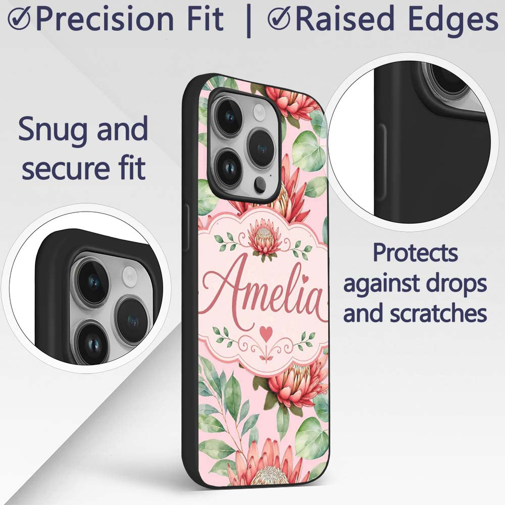 Elegant Protea Flower Pink Botanical Seamless Custom Name Protective Phone Case Mobile Cover Durable Everyday Smartphone Shock Resistant