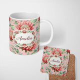 Personalized Custom Name Elegant Protea Bloom Soft Pink Floral Seamless Pattern Botanical 11oz Ceramic Coffee Tea Mug White Large Handle