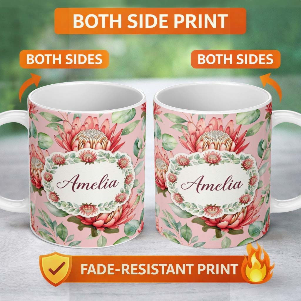 Personalized Custom Name Elegant Protea Bloom Soft Pink Floral Seamless Pattern Botanical 11oz Ceramic Coffee Tea Mug White Large Handle