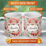 Personalized Custom Name Elegant Protea Bloom Soft Pink Floral Seamless Pattern Botanical 11oz Ceramic Coffee Tea Mug White Large Handle