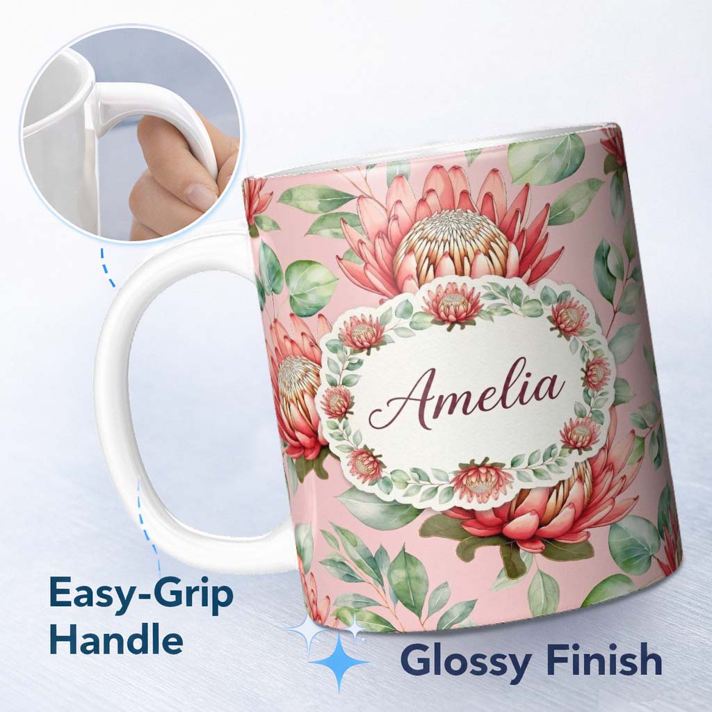 Personalized Custom Name Elegant Protea Bloom Soft Pink Floral Seamless Pattern Botanical 11oz Ceramic Coffee Tea Mug White Large Handle