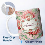 Personalized Custom Name Elegant Protea Bloom Soft Pink Floral Seamless Pattern Botanical 11oz Ceramic Coffee Tea Mug White Large Handle