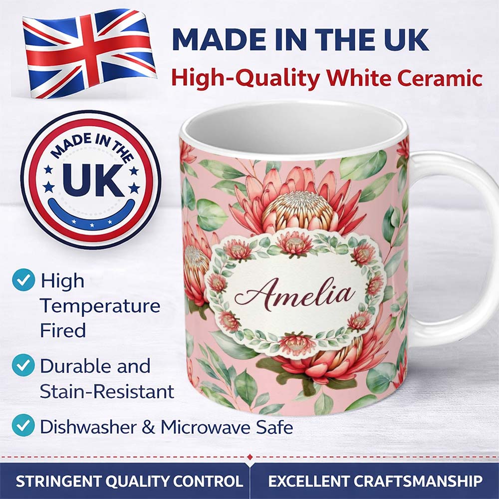 Personalized Custom Name Elegant Protea Bloom Soft Pink Floral Seamless Pattern Botanical 11oz Ceramic Coffee Tea Mug White Large Handle