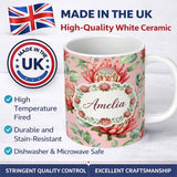 Personalized Custom Name Elegant Protea Bloom Soft Pink Floral Seamless Pattern Botanical 11oz Ceramic Coffee Tea Mug White Large Handle