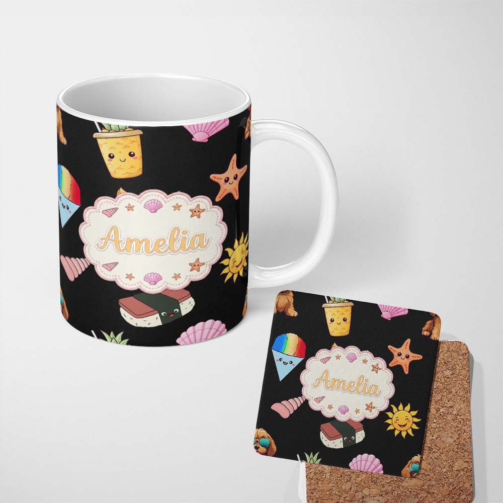Personalized Custom Name Cute Cartoon Dog Sunglasses Summer Fun Kawaii Seamless Pattern Kids 11oz Ceramic Coffee Tea Mug White Large Handle