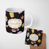 Personalized Custom Name Cute Cartoon Dog Sunglasses Summer Fun Kawaii Seamless Pattern Kids 11oz Ceramic Coffee Tea Mug White Large Handle