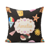 Custom Name Cartoon Dog Summer Fun Kawaii Seamless Pattern Kids Square Filled Cushion Throw Pillow Sofa Bed Home Decor Zip Washable UK Made
