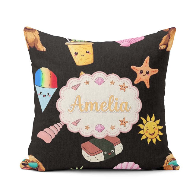 Custom Name Cartoon Dog Summer Fun Kawaii Seamless Pattern Kids Square Filled Cushion Throw Pillow Sofa Bed Home Decor Zip Washable UK Made