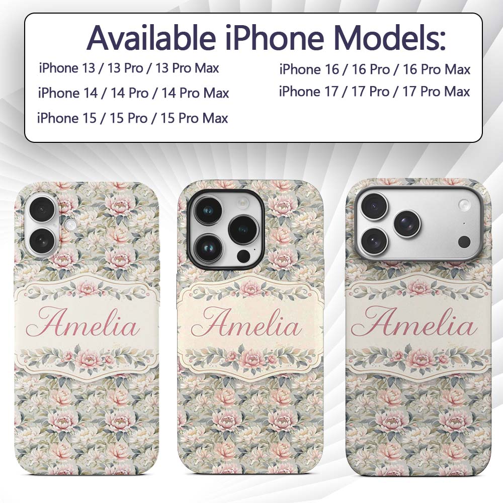 Soft Pastel Peony Floral Garden Seamless Pattern Custom Name Protective Phone Case Mobile Cover Durable Everyday Smartphone Shock Resistant