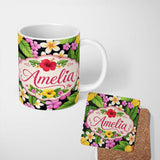 Personalized Custom Name Tropical Hibiscus Flowers Bright Floral Seamless Pattern Exotic 11oz Ceramic Coffee Tea Mug White Large Handle