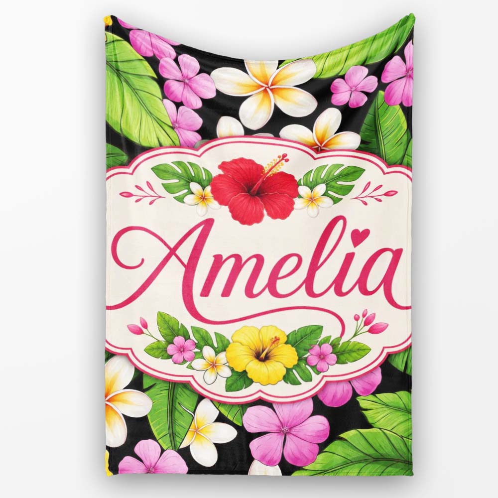 Tropical Hibiscus Flowers Bright Floral Seamless Pattern Exotic  Personalised Custom Name Super Soft Fleece Blanket Bed Sofa Throw