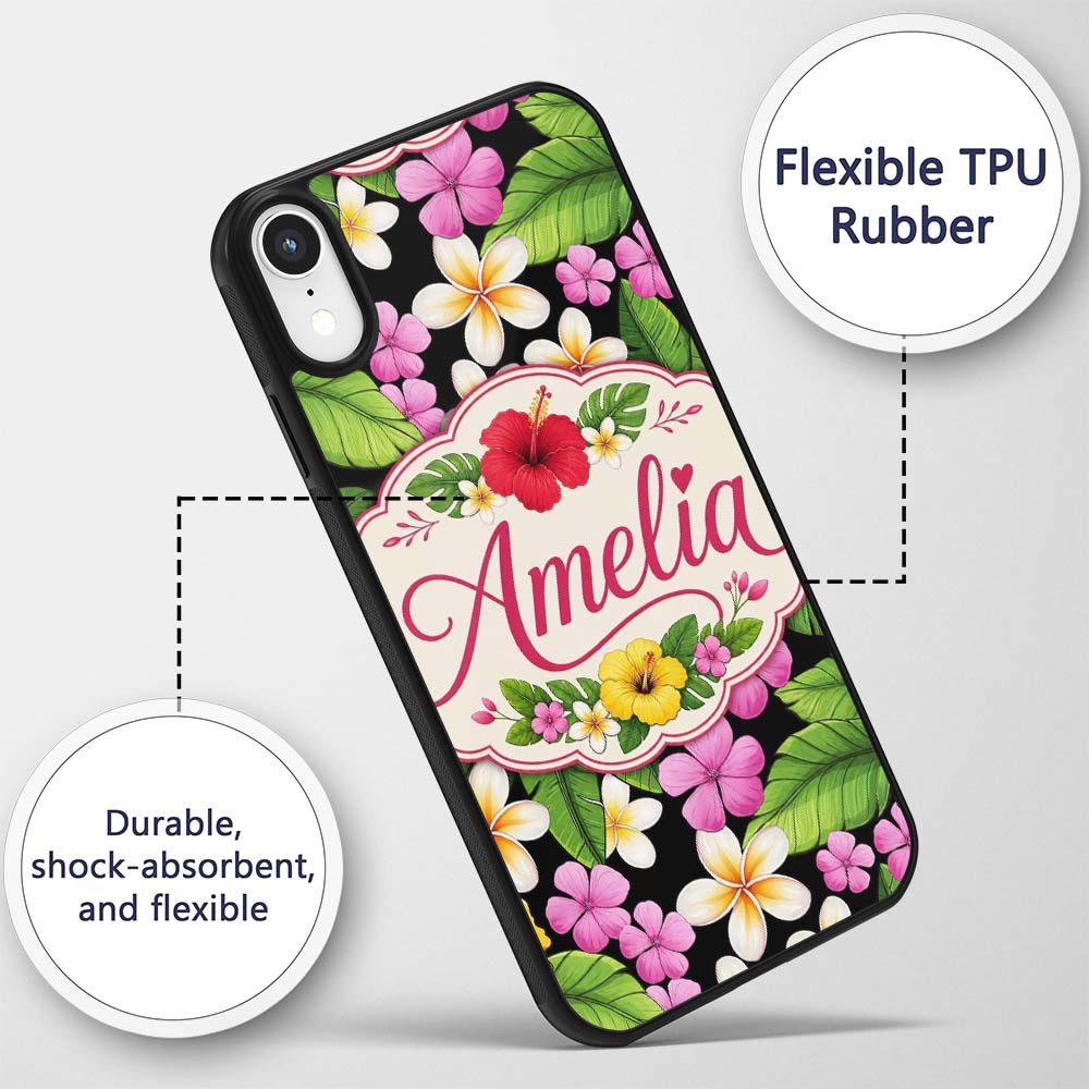 Tropical Hibiscus Flowers Bright Floral Seamless Custom Name Protective Phone Case Mobile Cover Durable Everyday Smartphone Shock Resistant