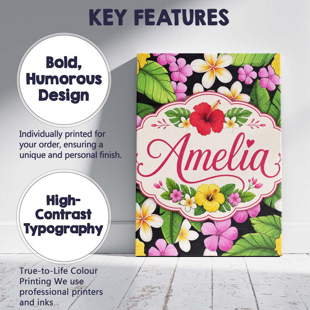 Personalised Name Tropical Hibiscus Flowers Custom  Bespoke Interior Contemporary Canvas Wall Art Print Decor Picture Ready to Hang