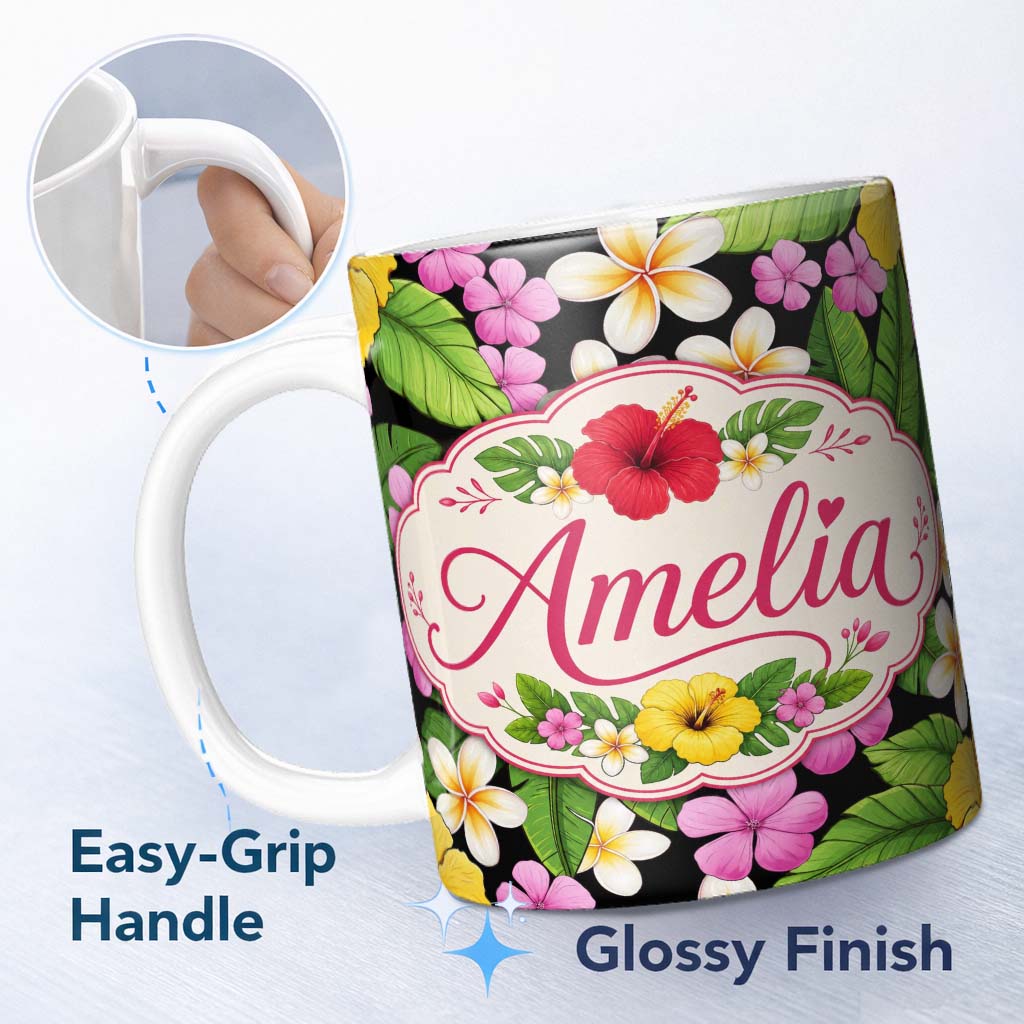 Personalized Custom Name Tropical Hibiscus Flowers Bright Floral Seamless Pattern Exotic 11oz Ceramic Coffee Tea Mug White Large Handle