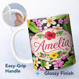 Personalized Custom Name Tropical Hibiscus Flowers Bright Floral Seamless Pattern Exotic 11oz Ceramic Coffee Tea Mug White Large Handle