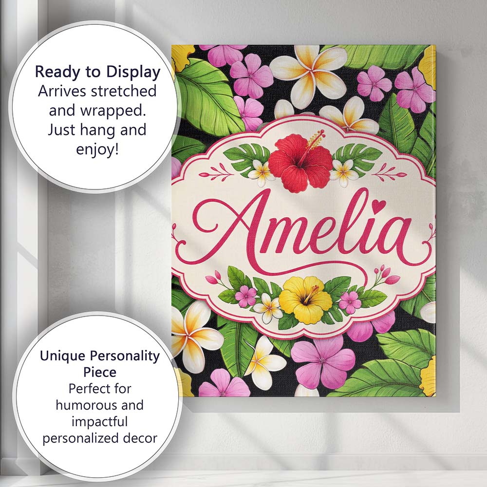 Personalised Name Tropical Hibiscus Flowers Custom  Bespoke Interior Contemporary Canvas Wall Art Print Decor Picture Ready to Hang