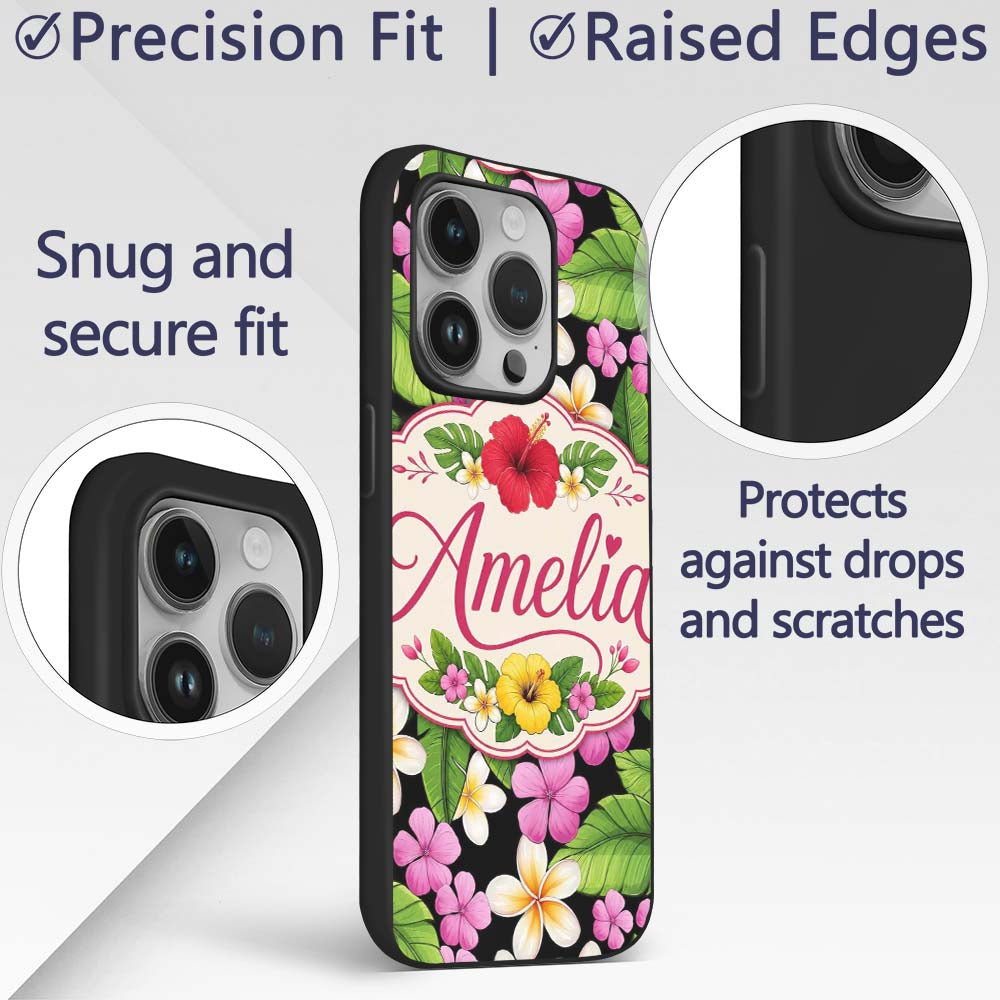 Tropical Hibiscus Flowers Bright Floral Seamless Custom Name Protective Phone Case Mobile Cover Durable Everyday Smartphone Shock Resistant