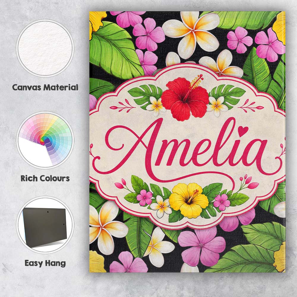 Personalised Name Tropical Hibiscus Flowers Custom  Bespoke Interior Contemporary Canvas Wall Art Print Decor Picture Ready to Hang