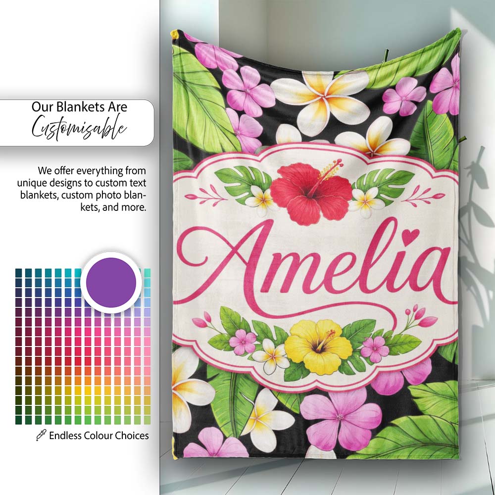 Tropical Hibiscus Flowers Bright Floral Seamless Pattern Exotic  Personalised Custom Name Super Soft Fleece Blanket Bed Sofa Throw