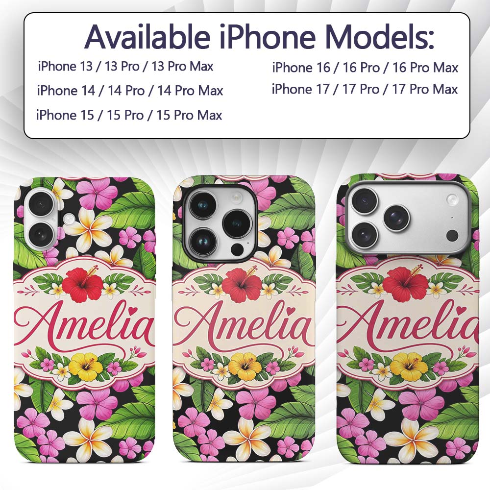 Tropical Hibiscus Flowers Bright Floral Seamless Custom Name Protective Phone Case Mobile Cover Durable Everyday Smartphone Shock Resistant
