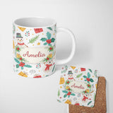 Personalized Custom Name Cute Christmas Snowman Holly Reindeer Seamless Pattern Lovely 11oz Ceramic Coffee Tea Mug White Large Handle