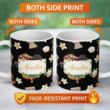 Personalized Custom Name Island Girl Hula Dance Tropical Cute Cartoon Seamless Pattern Kids 11oz Ceramic Coffee Tea Mug White Large Handle