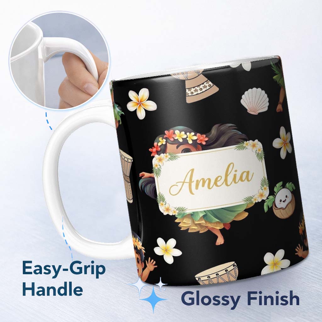 Personalized Custom Name Island Girl Hula Dance Tropical Cute Cartoon Seamless Pattern Kids 11oz Ceramic Coffee Tea Mug White Large Handle