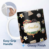 Personalized Custom Name Island Girl Hula Dance Tropical Cute Cartoon Seamless Pattern Kids 11oz Ceramic Coffee Tea Mug White Large Handle