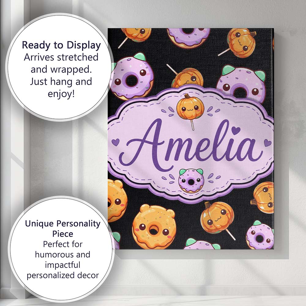Personalised Name Kawaii Donuts And Candy Custom  Unique Gift Idea Elegant Feature Canvas Wall Art Print Decor Picture Ready to Hang