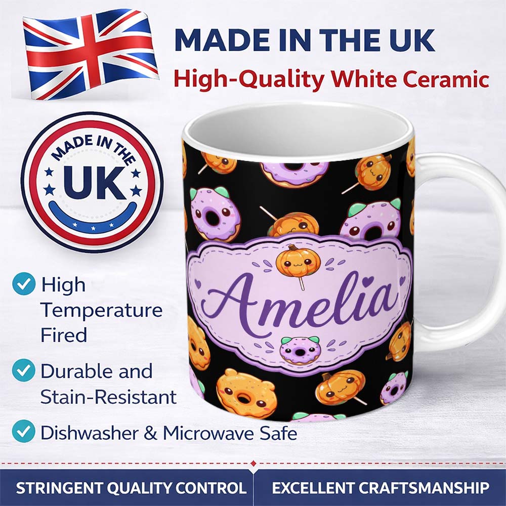 Personalized Custom Name Kawaii Donuts And Candy Cute Sweet Dessert Seamless Pattern Fun 11oz Ceramic Coffee Tea Mug White Large Handle