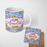 Personalized Custom Name Kawaii Donuts Candy Blue Background Cute Sweet Seamless Pattern 11oz Ceramic Coffee Tea Mug White Large Handle