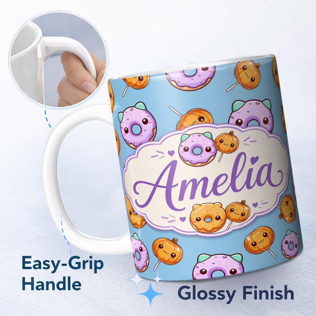 Personalized Custom Name Kawaii Donuts Candy Blue Background Cute Sweet Seamless Pattern 11oz Ceramic Coffee Tea Mug White Large Handle