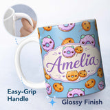 Personalized Custom Name Kawaii Donuts Candy Blue Background Cute Sweet Seamless Pattern 11oz Ceramic Coffee Tea Mug White Large Handle