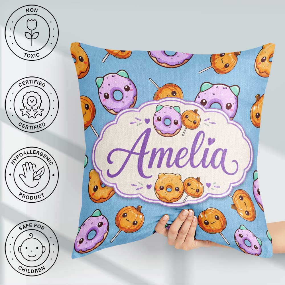 Custom Name Kawaii Donuts Candy Blue Cute Sweet Seamless Pattern Square Filled Cushion Throw Pillow Sofa Bed Home Decor Zip Washable UK Made