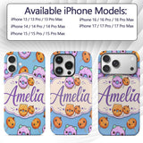 Kawaii Donuts Candy Blue Background Cute Sweet Custom Name Protective Phone Case Mobile Cover Durable Everyday Smartphone Shock Resistant