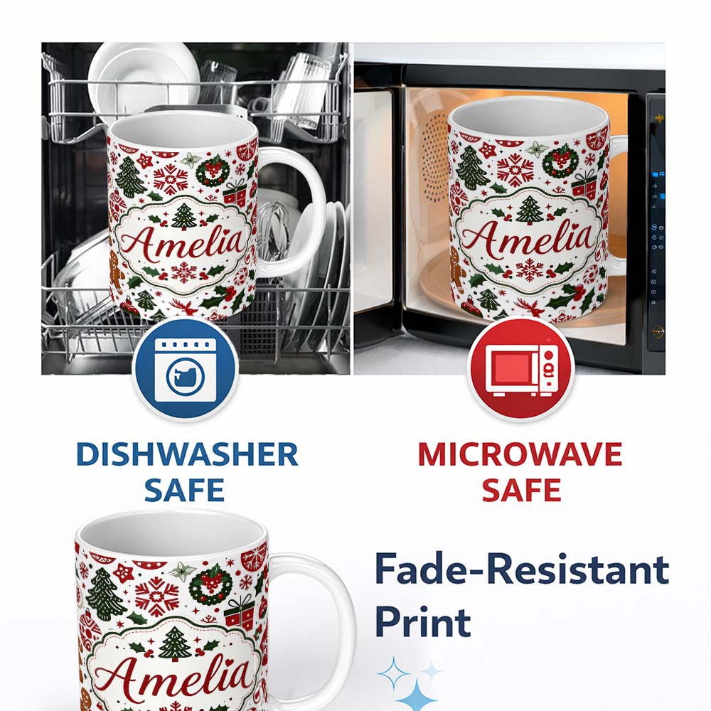 Personalized Custom Name Cute Christmas Tree Snowflake Baubles Festive Seamless Pattern 11oz Ceramic Coffee Tea Mug White Large Handle
