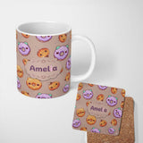 Personalized Custom Name Kawaii Donuts Candy Beige Background Cute Sweet Seamless Pattern 11oz Ceramic Coffee Tea Mug White Large Handle