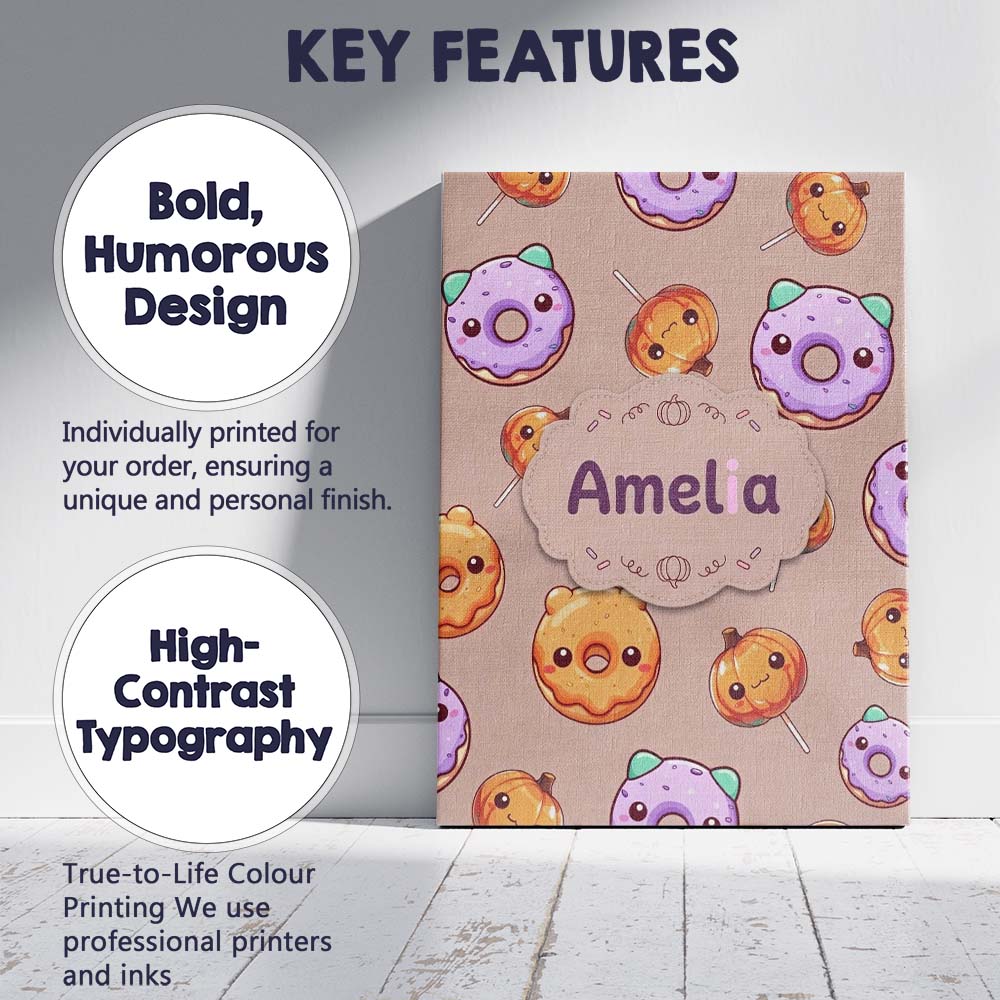 Personalised Name Kawaii Donuts Candy Beige Custom  Bespoke Interior Contemporary Canvas Wall Art Print Decor Picture Ready to Hang