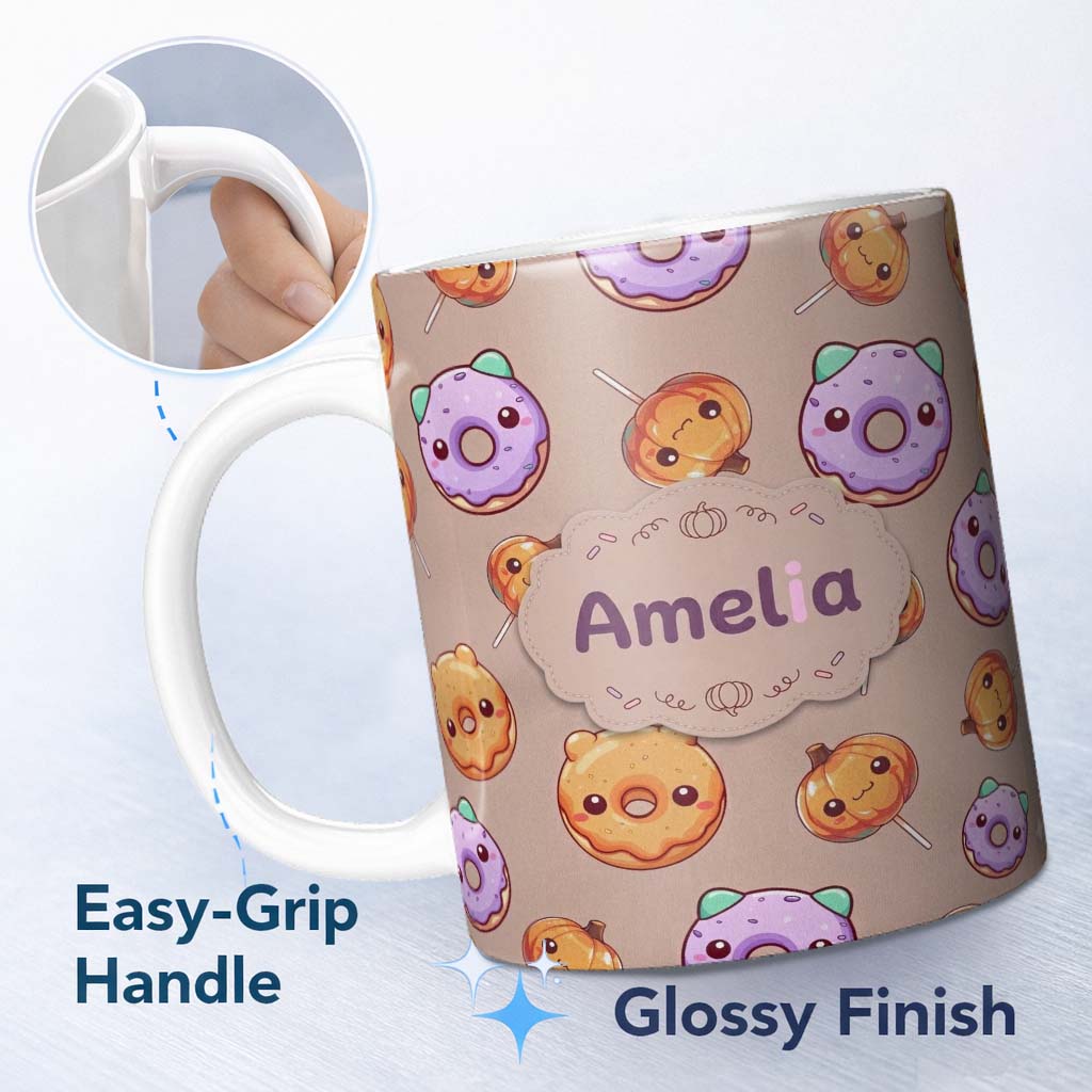Personalized Custom Name Kawaii Donuts Candy Beige Background Cute Sweet Seamless Pattern 11oz Ceramic Coffee Tea Mug White Large Handle