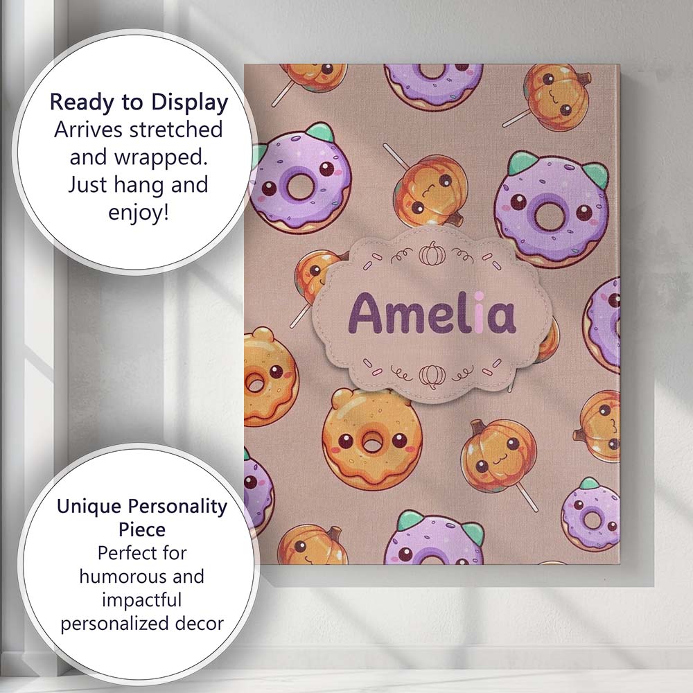 Personalised Name Kawaii Donuts Candy Beige Custom  Bespoke Interior Contemporary Canvas Wall Art Print Decor Picture Ready to Hang