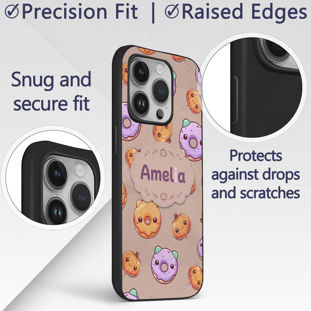 Kawaii Donuts Candy Beige Background Cute Sweet Custom Name Protective Phone Case Mobile Cover Durable Everyday Smartphone Shock Resistant