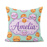 Custom Name Cute Kawaii Donut Pumpkin Lollipop Pattern Teal Name Square Filled Cushion Throw Pillow Sofa Bed Home Decor Zip Washable UK Made